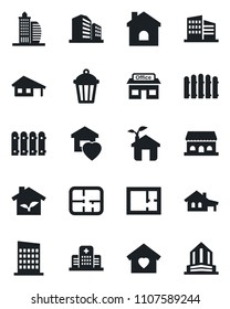 Set of vector isolated black icon - fence vector, house, garden light, hospital, store, with garage, plan, office building, sweet home, city, cafe, eco