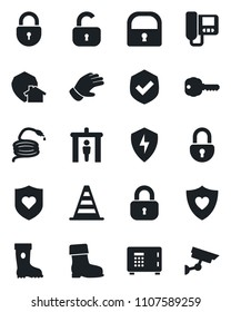 Set of vector isolated black icon - security gate vector, border cone, safe, lock, glove, boot, hose, heart shield, protect, key, intercome, home, surveillance
