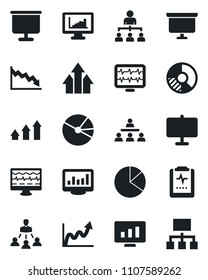 Set of vector isolated black icon - hierarchy vector, presentation board, statistic monitor, circle chart, pulse, clipboard, statistics, pie graph, arrow up, growth, crisis