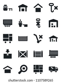 Set of vector isolated black icon - truck trailer vector, cargo container, sea port, consolidated, warehouse storage, no trolley, hook, package, search, moving