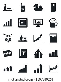 Set of vector isolated black icon - growth statistic vector, barcode, scanner, monitor statistics, bar graph, alcohol, wine card, drink, phyto, beer, salad, sushi, arrow up
