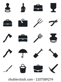 Set of vector isolated black icon - suitcase vector, stamp, job, shovel, farm fork, bucket, pruner, axe, scalpel, fragile, umbrella, themes, case, hard work