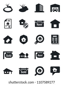 Set of vector isolated black icon - office building vector, pond, contract, house, with garage, tree, estate document, rent, sold signboard, search, smart home, insurance, message