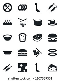 Set of vector isolated black icon - spoon and fork vector, plates, bread, chicken, steak, kebab, hamburger, ladle, bowl, sushi, cheese