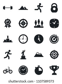 Set of vector isolated black icon - pedestal vector, medal, barbell, bike, run, heavy, clock, stopwatch, target, mountains, award cup