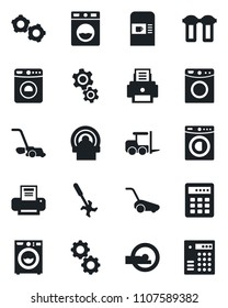 Set of vector isolated black icon - coffee machine vector, washer, fork loader, gear, lawn mower, ripper, tomography, printer, water filter, combination lock
