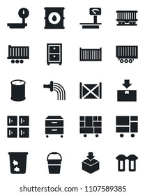Set of vector isolated black icon - trash bin vector, checkroom, bucket, watering, railroad, truck trailer, cargo container, consolidated, package, oil barrel, heavy scales, archive box
