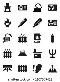Set of vector isolated black icon - fire vector, hose, fireplace, thermometer, heater, air conditioner, candle, water, smoke detector, radiator, warm floor