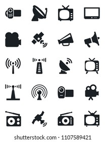 Set of vector isolated black icon - antenna vector, satellite, radio, loudspeaker, tv, video camera