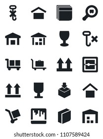 Set of vector isolated black icon - baggage trolley vector, fragile, cargo, warehouse storage, up side sign, no hook, package, search, scanner, blank box