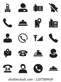 Set of vector isolated black icon - phone vector, reception bell, office, 24 hours, support, mobile tracking, radio, call, mute, cellular signal