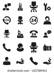 Set of vector isolated black icon - 24 around vector, office chair, phone, hours, support, speaker, radio, call, root setup, palm sproute