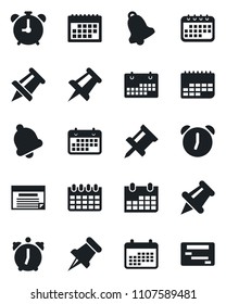 Set of vector isolated black icon - alarm clock vector, drawing pin, calendar, term, paper, bell, schedule