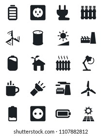 Set of vector isolated black icon - hot cup vector, factory, oil barrel, battery, low, torch, brightness, desk lamp, windmill, heater, eco house, socket, power plug, radiator, sun panel