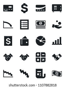 Set of vector isolated black icon - credit card vector, safe, handshake, dollar sign, calculator, crisis graph, cash, receipt, news, bar, pie, abacus, wallet, investment