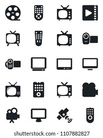 Set of vector isolated black icon - tv vector, reel, satellite, video camera, remote control, monitor
