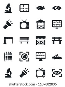 Set of vector isolated black icon - barrier vector, tv, alarm car, seat map, bench, monitor pulse, microscope, eye, torch, plan, alcove, scan