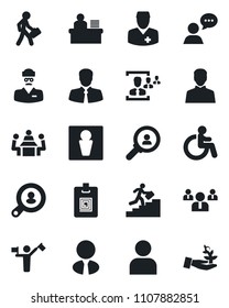 Set of vector isolated black icon - dispatcher vector, male, disabled, team, doctor, client, speaker, user, identity card, hr, manager desk, meeting, career ladder, search, estate agent, consumer