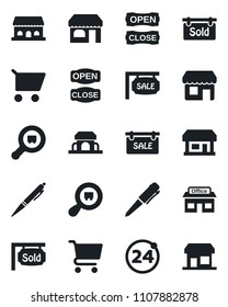 Set of vector isolated black icon - 24 around vector, shop, pen, store, search cargo, sale, sold signboard, cafe building, open close, cart, storefront