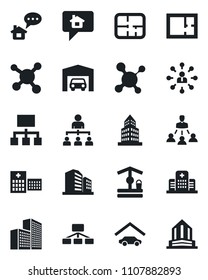 Set of vector isolated black icon - hierarchy vector, well, molecule, hospital, office building, garage, plan, home message