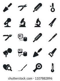 Set of vector isolated black icon - trowel vector, pruner, saw, blood pressure, thermometer, heart diagnostic, microscope, scalpel, microphone
