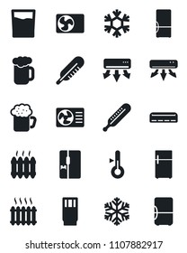 Set of vector isolated black icon - thermometer vector, heater, air conditioner, fridge, drink, beer, snowflake