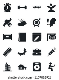 Set of vector isolated black icon - fence vector, alarm clock, caterpillar, pond, picnic table, syringe, barbell, satellite, speaker, notes, case, copybook, house with garage, sold signboard, bacon
