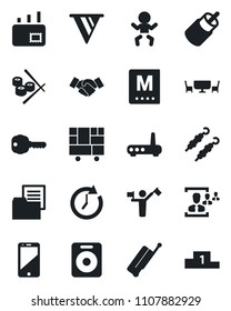 Set of vector isolated black icon - dispatcher vector, suitcase, baby, handshake, consolidated cargo, folder document, cell phone, speaker, rca, hr, mail, key, menu, cafe table, kebab, sushi, router