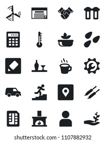 Set of vector isolated black icon - seeds vector, user, sim, notes, place tag, root setup, coffee, handshake, career ladder, windmill, fireplace, alcohol, salad, kebab, water filter, thermometer