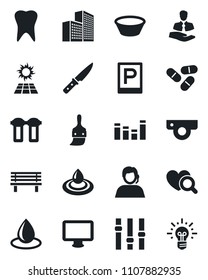 Set of vector isolated black icon - parking vector, water drop, bench, heart diagnostic, pills, tooth, support, client, settings, equalizer, monitor, themes, office building, bowl, knife, web camera