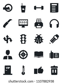 Set of vector isolated black icon - book vector, document, lady bug, garden knife, monitor pulse, tomography, barbell, route, traffic light, office phone, headphones, finger up, target, printer