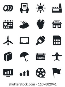 Set of vector isolated black icon - umbrella vector, notebook pc, document, statistic monitor, pond, real heart, medical calendar, store, reel, hdmi, sim, blank box, windmill, rooms, factory, plates