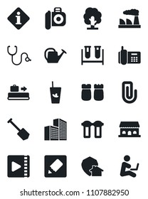 Set of vector isolated black icon - baggage conveyor vector, job, factory, tree, watering can, stethoscope, blood test vial, office phone, camera, notes, video, paper clip, building, phyto bar, cafe