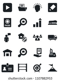 Set of vector isolated black icon - passport vector, identity, speaking man, growth statistic, team, document, car delivery, warehouse, search cargo, rack, radio phone, play button, notes, folder