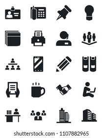 Set of vector isolated black icon - handshake vector, mobile phone, identity card, book, team, document, bulb, pencil, paper pin, coffee, office, blank box, support, manager desk, printer, hierarchy