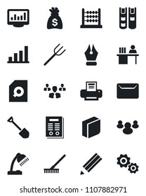 Set of vector isolated black icon - money bag vector, job, farm fork, rake, group, monitor statistics, bar graph, document search, abacus, ink pen, blank box, manager desk, lamp, printer, pencil