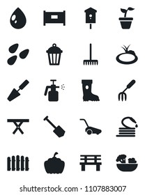 Set of vector isolated black icon - fence vector, job, trowel, garden fork, rake, seedling, boot, lawn mower, water drop, hose, bench, pumpkin, light, seeds, pond, picnic table, bird house, sprayer