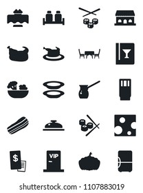 Set of vector isolated black icon - pumpkin vector, restaurant table, wine card, reception, drink, salad, plates, bacon, salt and pepper, cafe building, vip zone, receipt, chicken, turkish coffee