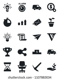 Set of vector isolated black icon - seedling vector, stopwatch, alarm led, arrow up graph, pennon, office chair, money search, idea, car, paper plane, social media, mail, pedestal, award cup