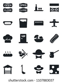 Set of vector isolated black icon - alcohol vector, restaurant table, cook hat, reserved, drink, salad, bacon, bread, vip zone, dress code, open close, alcove, hot dog, ladle, turkish coffee, sushi