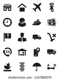 Set of vector isolated black icon - important flag vector, store, plane, cash, traffic light, 24 hours, support, client, mobile tracking, sea shipping, car delivery, clock, umbrella, no trolley