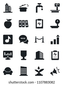 Set of vector isolated black icon - fence vector, office building, growth statistic, monitor, pulse clipboard, fragile, heavy scales, dialog, music, paper binder, water supply, cushioned furniture
