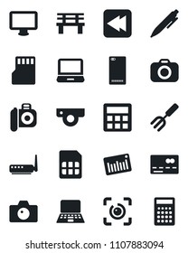 Set of vector isolated black icon - credit card vector, camera, pen, notebook pc, garden fork, bench, barcode, monitor, laptop, rewind, phone back, calculator, sd, sim, eye id, router, web