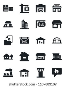 Set of vector isolated black icon - airport tower vector, shop, factory, greenhouse, hospital, store, warehouse, house, with tree, garage, estate document, sold signboard, office building, crane