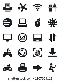 Set of vector isolated black icon - no laptop vector, right arrow, mouse, printer, virus, gamepad, network, monitor, pc, share, data exchange, download, wireless, manager desk, notebook, fingerprint