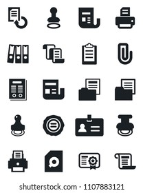 Set of vector isolated black icon - identity vector, stamp, contract, document reload, printer, folder, news, clipboard, paper clip, search, binder, certificate
