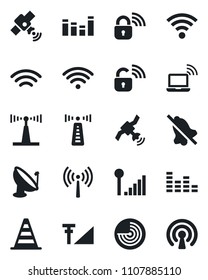 Set of vector isolated black icon - antenna vector, wireless notebook, border cone, radar, satellite, equalizer, mute, cellular signal, lock