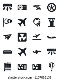 Set of vector isolated black icon - plane vector, airport tower, departure, wind, helicopter, seat map, globe, air conditioner, fan, paper, balloon