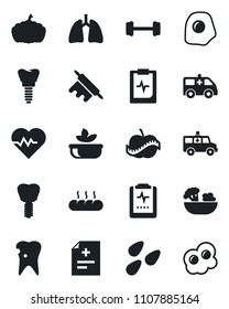 Set of vector isolated black icon - pumpkin vector, seeds, heart pulse, diagnosis, ambulance car, barbell, lungs, caries, implant, clipboard, diet, salad, bread, rolling pin, omelette