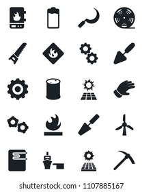 Set of vector isolated black icon - gear vector, trowel, glove, saw, sickle, sea port, flammable, oil barrel, reel, battery, sun panel, water heater, windmill, hard work